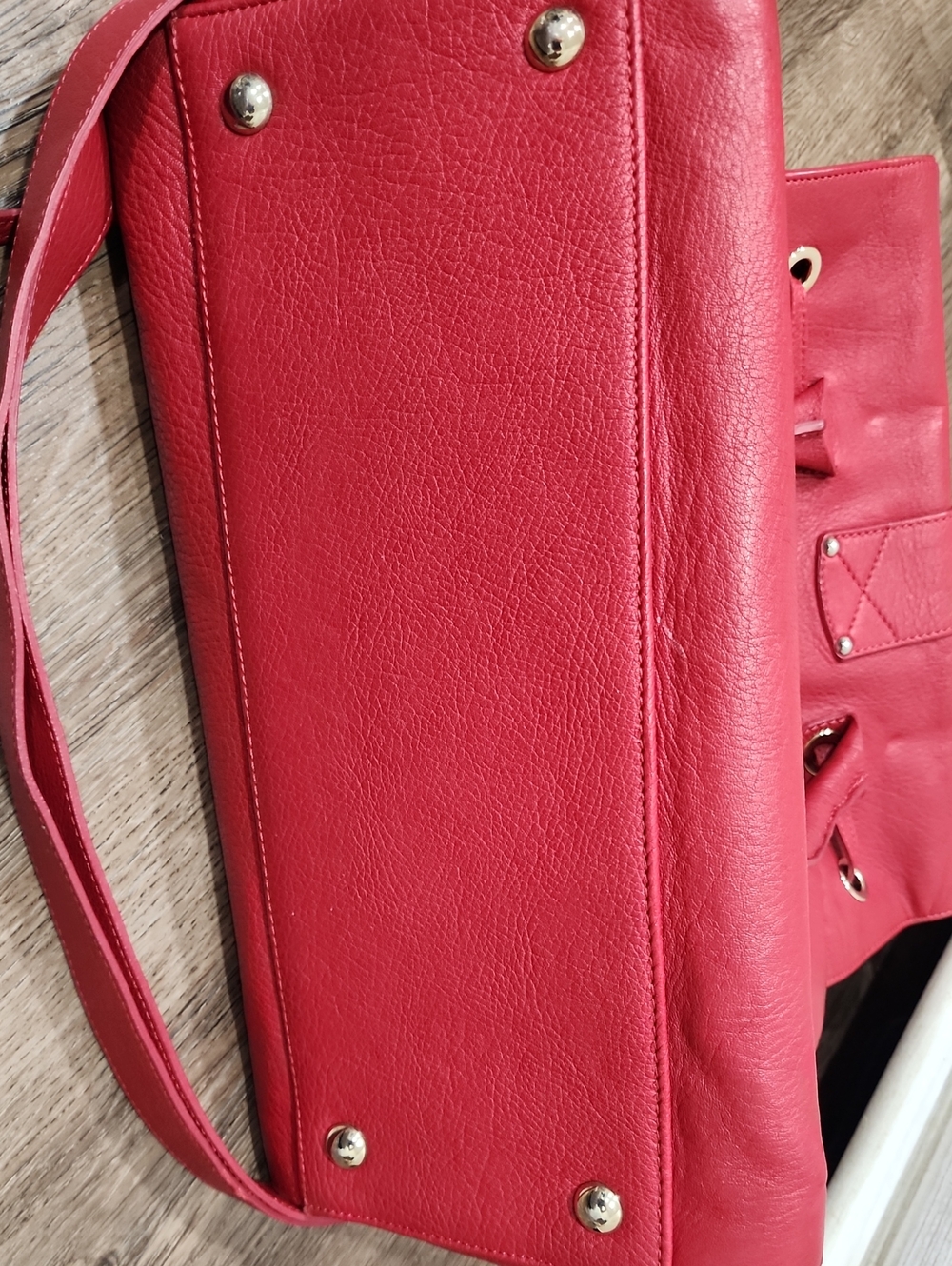 Jimmy Choo Red Pebbled Leather Satchel with Gold Hardware and Bow Accent - Picture 11 of 11